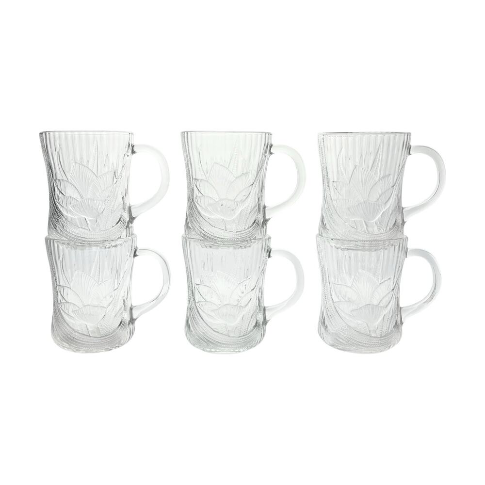 1990s Vintage Arcoroc “Canterbury” 6 Glass Mugs 4” 10oz Lotus/Water Lily Design